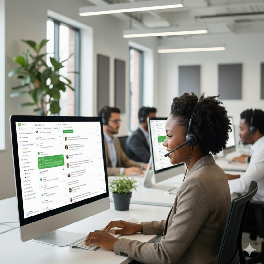 Equipe Find Sales atendendo com headsets, com o painel Find X nas telas