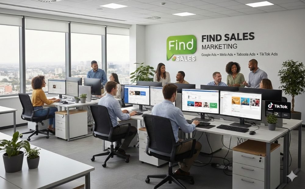Escritório Find Sales Marketing com equipes operando campanhas Google, Meta e TikTok Ads
